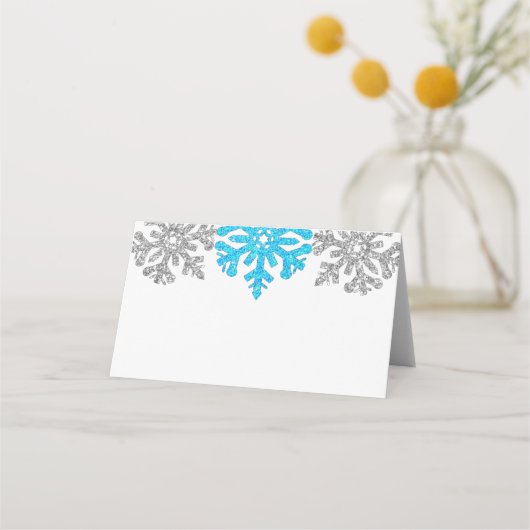 Silver Blue Snowflakes Winterhochzeit Platzkarte (Rückseite)