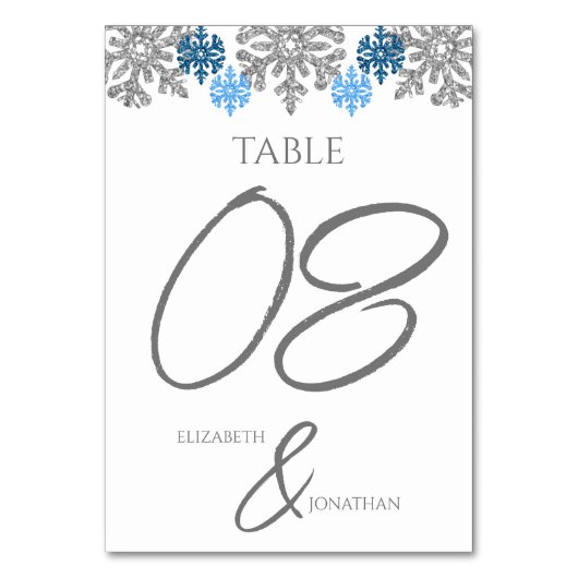 Silver Blue Snowflakes Winterhochzeit Tischnummer (Vorderseite)