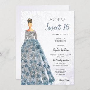 Silver Blue Sparkle Dress Sweet 16 Geburtstag Invi Einladung