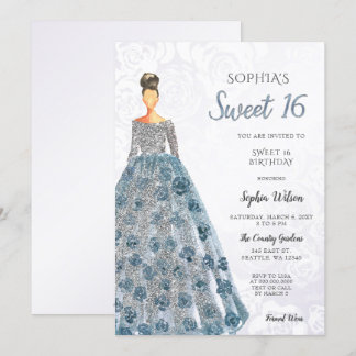 Silver Blue Sparkle Dress Sweet 16 Geburtstag Invi Einladung