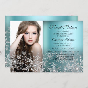 Silver Blue Sparkle Snowflake Foto Sweet 16 Einladung