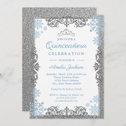 Silver Blue Sparkle Snowflake Quinceanera Einladun Einladung (Vorne/Hinten)