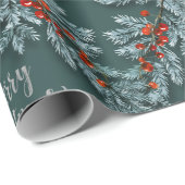Silver Blue Spruce Red Berries Frohe Weihnachten Geschenkpapier (Rolleneckpunkt)