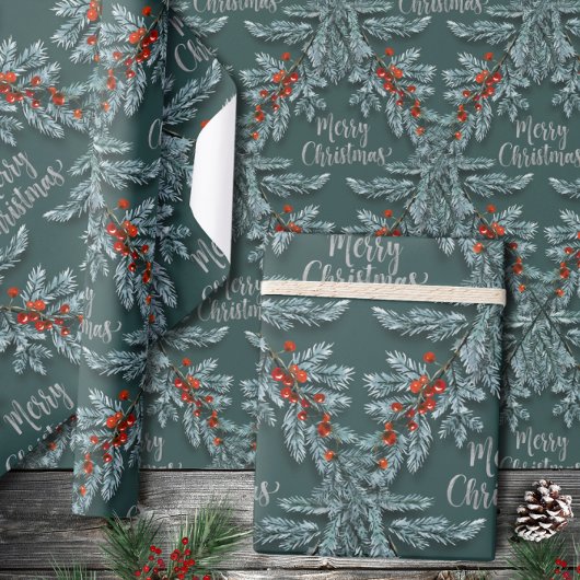Silver Blue Spruce Red Berries Frohe Weihnachten Geschenkpapier
