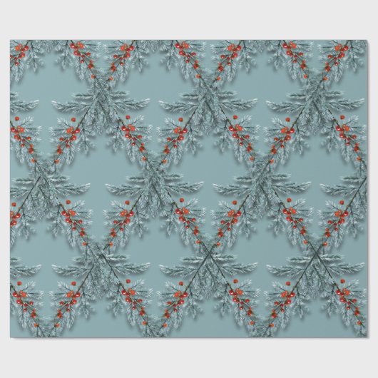 Silver Blue Spruce Red Berries Lattice Blue Geschenkpapier (Flach)