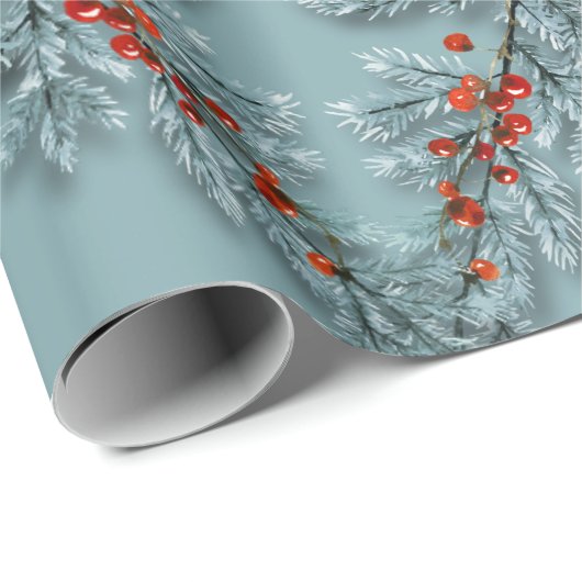 Silver Blue Spruce Red Berries Lattice Blue Geschenkpapier (Rolleneckpunkt)