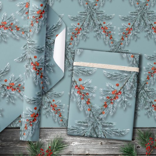 Silver Blue Spruce Red Berries Lattice Blue Geschenkpapier