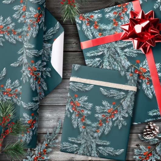 Silver Blue Spruce Red Ilex Berries Lattice Aquama Geschenkpapier