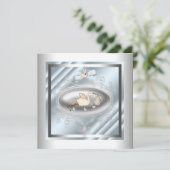 Silver Blue Stork Baby Boy Dusche Einladung (Stehend Vorderseite)