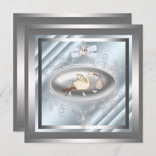Silver Blue Stork Baby Shower Einladungen (Vorne/Hinten)