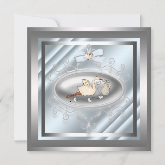 Silver Blue Stork Baby Shower Einladungen (Vorderseite)