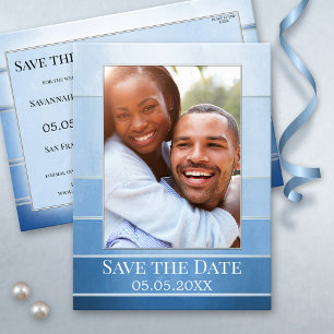 Silver Blue Strip Foto Save the Date Ankündigungspostkarte