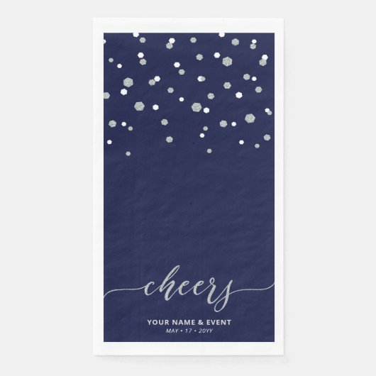 Silver Blue Stylish Script Confetti Cheers Party Serviette (Vorderseite)