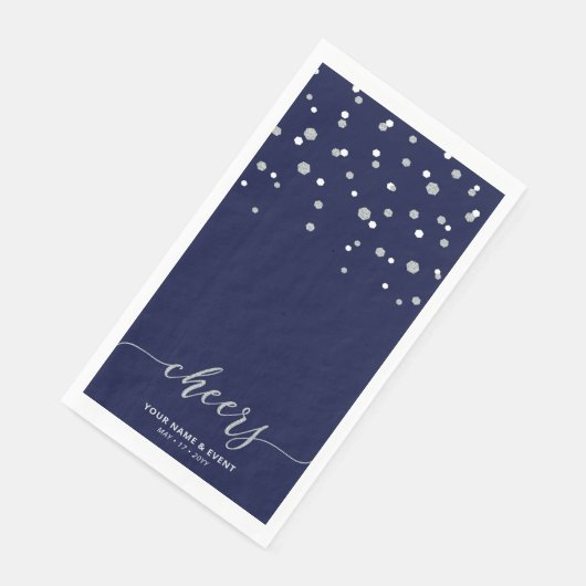 Silver Blue Stylish Script Confetti Cheers Party Serviette (Ecke)
