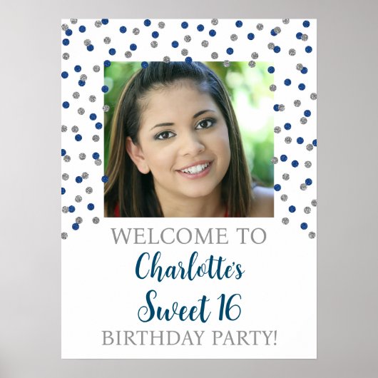 Silver Blue Sweet 16 Geburtstag 18x24 Foto Poster (Vorne)