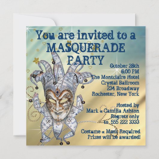 Silver Blue und Gold Masquerade Party Einladung (Rückseite)