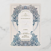 Silver Blue Vintage Wedding William Morris Folieneinladung (Vorderseite)