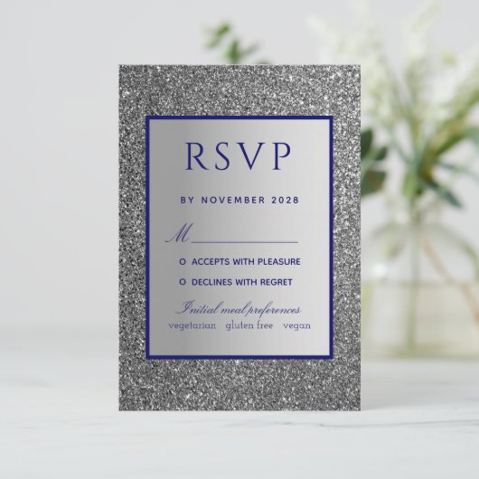 Silver Blue Wedding RSVP Card Karte (Stehend Vorderseite)
