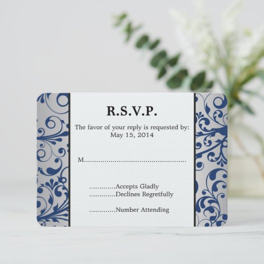 Silver Blue Wedding RSVP Karte (Stehend Vorderseite)