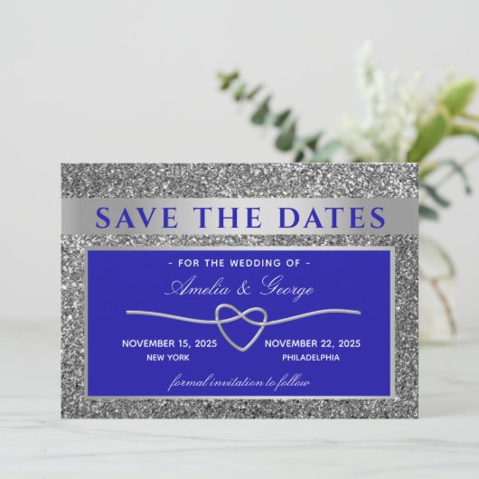 Silver Blue Wedding speichert das Datum Save The Date (Stehend Vorderseite)