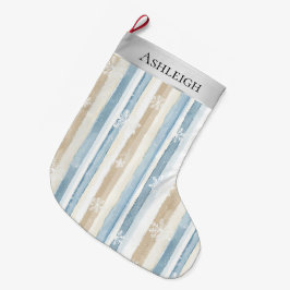 Silver Blue White Snowflakes Strips Weihnachten Großer Weihnachtsstrumpf