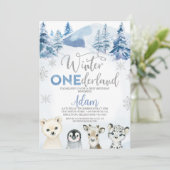 Silver Blue Winter Animals Onederland 1. Geburtsta Einladung (Stehend Vorderseite)