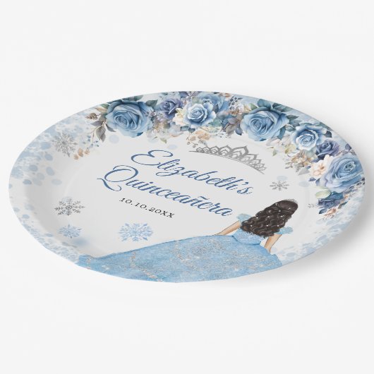 Silver Blue Winter Snowflake Quince Papierplatte Pappteller (Schrägansicht)