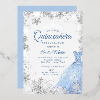 Silver Blue Winter Snowflake Quinceanera Folieneinladung
