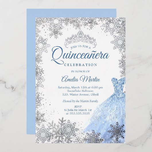 Silver Blue Winter Snowflake Quinceanera Folieneinladung (Vorderseite/Rückseite)