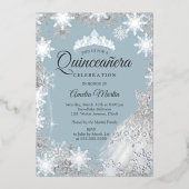 Silver Blue Winter Snowflake Quinceanera Folieneinladung (Vorderseite)