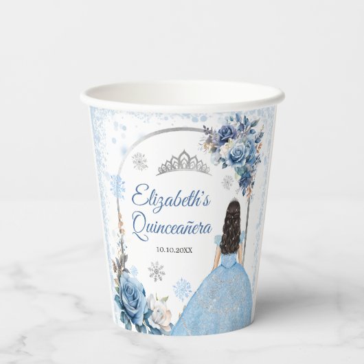 Silver Blue Winter Snowflake Quinceañera Paper Cup Pappbecher (Rückseite)