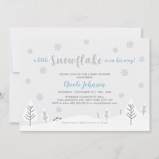 Silver & Blue Winter Wonderland Boy Baby Dusche Einladung (Vorderseite)