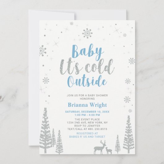 Silver & Blue Winter Wonderland Boy Baby Dusche in Einladung (Vorderseite)