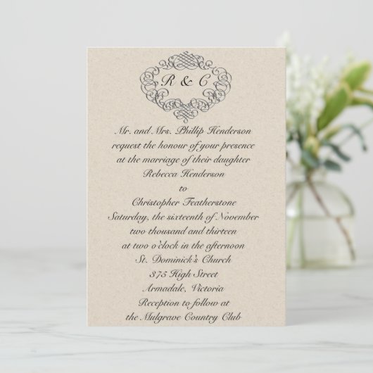 Silver Blühe Mit Monogramm Cream Wedding Einladung (Stehend Vorderseite)