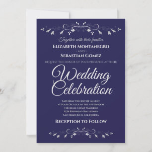 Silver Blühte auf Navy Simple Elegant Wedding Einladung