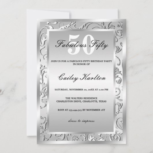 Silver Blühte Verziertes Muster Fabulous Fifty Einladung (Vorderseite)