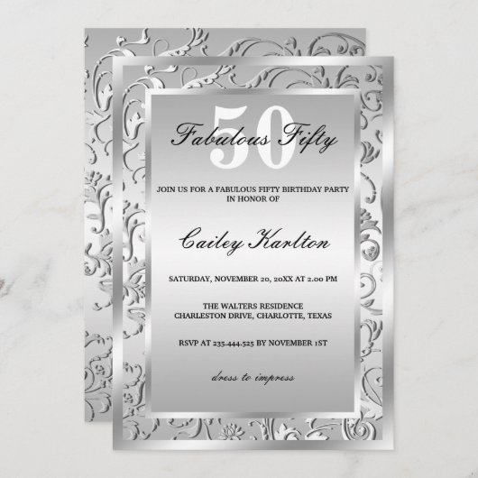 Silver Blühte Verziertes Muster Fabulous Fifty Einladung (Vorne/Hinten)