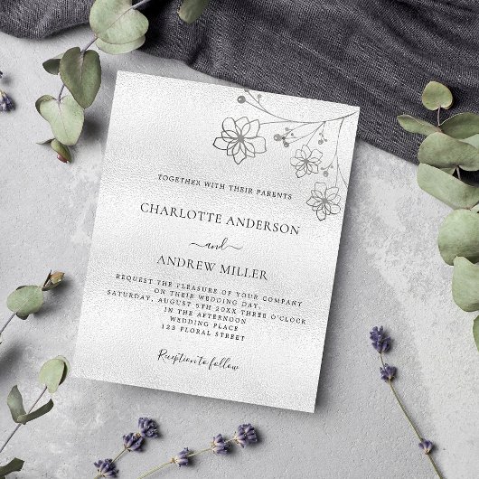 Silver Blumen elegante Budget Hochzeitseinladung Flyer