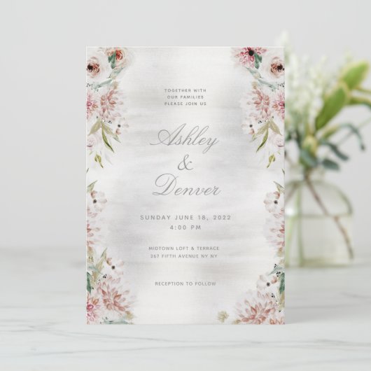 Silver Blush Garden Wedding Einladung (Stehend Vorderseite)
