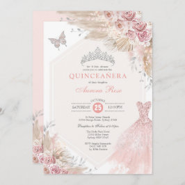 Silver Blush Pink Boho Floral Quinceañera Geburtst Einladung