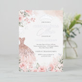 Silver Blush Pink Dress Floral Quinceanera Folieneinladung (Stehend vorne)
