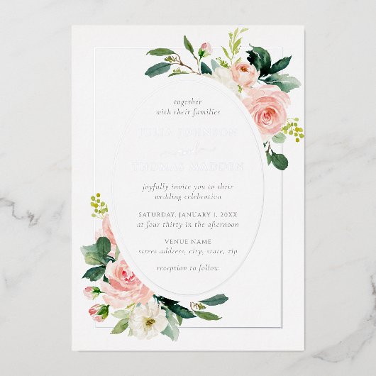 Silver Blush Pink Floral Frame Wedding Folieneinladung (Vorderseite)
