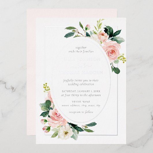 Silver Blush Pink Floral Frame Wedding Folieneinladung (Vorderseite/Rückseite)
