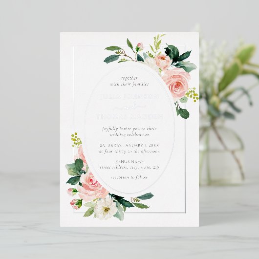Silver Blush Pink Floral Frame Wedding Folieneinladung (Stehend vorne)