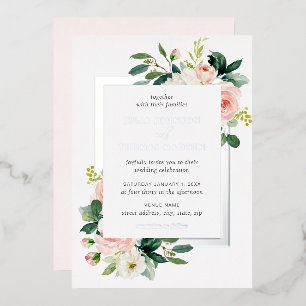 Silver Blush Pink Floral Frame Wedding Folieneinladung