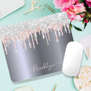 Silver blush pink glitter drip sparkle monogram mousepad