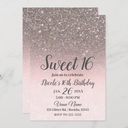Silver & Blush Pink Glitzer Sparkle Glam Sweet 16 Einladung (Vorne/Hinten)