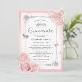 Silver Blush Pink Roses Wasserfarbe Quinceanera Einladung (Stehend Vorderseite)