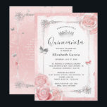 Silver Blush Pink Roses Wasserfarbe Quinceanera Einladung<br><div class="desc">Elegante Einladungen in Silber und Rosa quinceanera, die leicht für eine süße 15 oder 16 Geburtstagsparty auf einer einfachen DIY-Vorlage personalisiert werden können! Das märchenhafte Princess-Design zeigt die Farbtöne Rosa, Rose Gold und Silberschmetterling Confetti gepaart mit Aquarellfarben-Rose von Raphaela Wilson. Die geschliffenen Kleider/Kleider und das Vintage Weißpapier aus Pergament schaffen...</div>