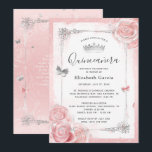 Silver Blush Pink Roses Wasserfarbe Quinceanera Einladung<br><div class="desc">Elegante Einladungen in Silber und Rosa quinceanera, die leicht für eine süße 15 oder 16 Geburtstagsparty auf einer einfachen DIY-Vorlage personalisiert werden können! Das märchenhafte Princess-Design zeigt die Farbtöne Rosa, Rose Gold und Silberschmetterling Confetti gepaart mit Aquarellfarben-Rose von Raphaela Wilson. Die geschliffenen Kleider/Kleider und das Vintage Weißpapier aus Pergament schaffen...</div>